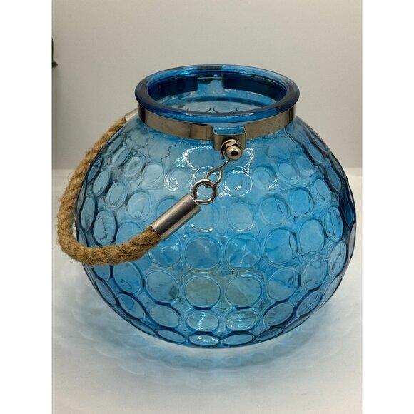 Blue Bubble Glass Hanging Candle Holder With Metal & Rope Handle - Picture 4 of 14